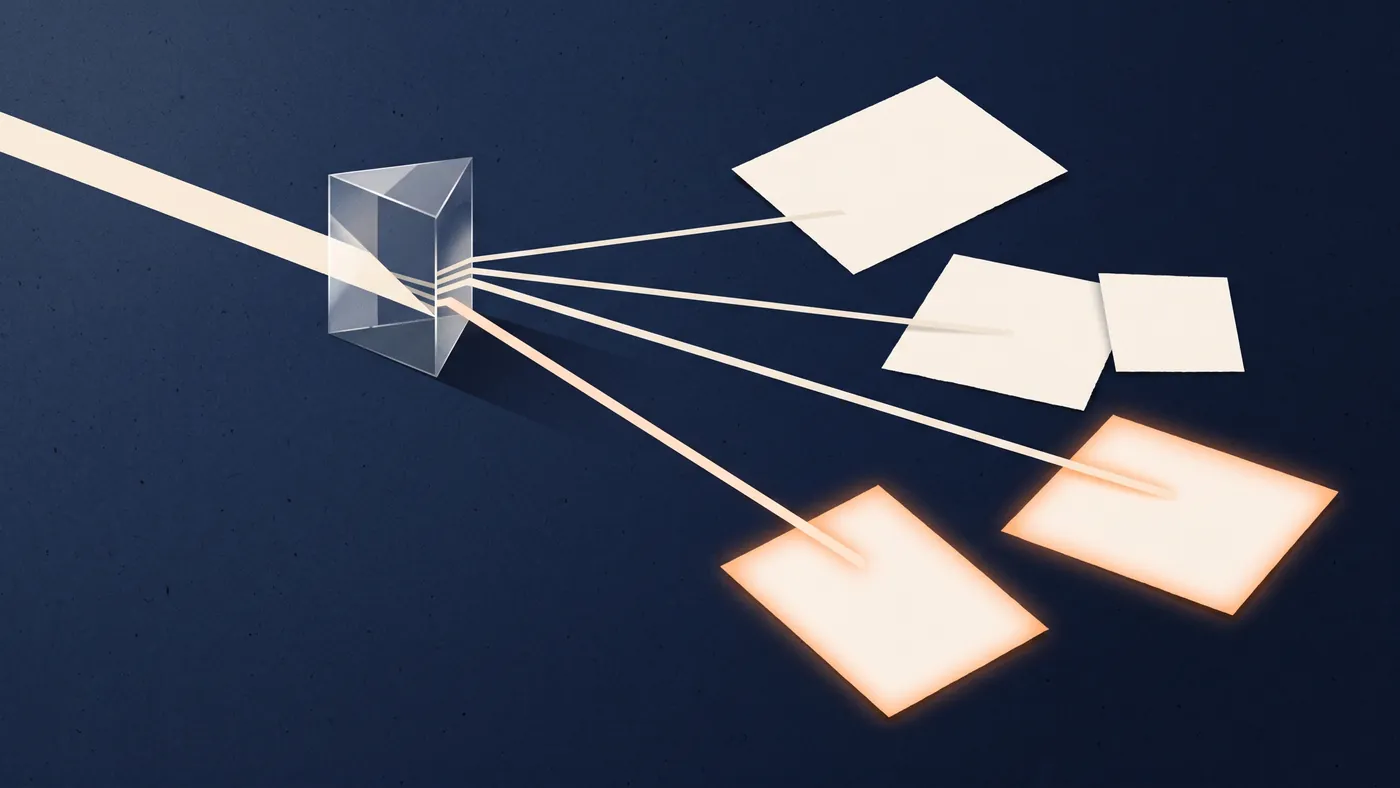One beam of light entering a prism and splitting into five beams that land on separate pages, an illustration of query fan-out in Google AI Overviews