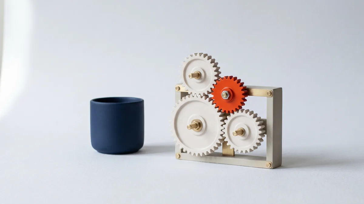Gear train with a new orange gear meshing into place, the cover image for 1st Android Update, RC33