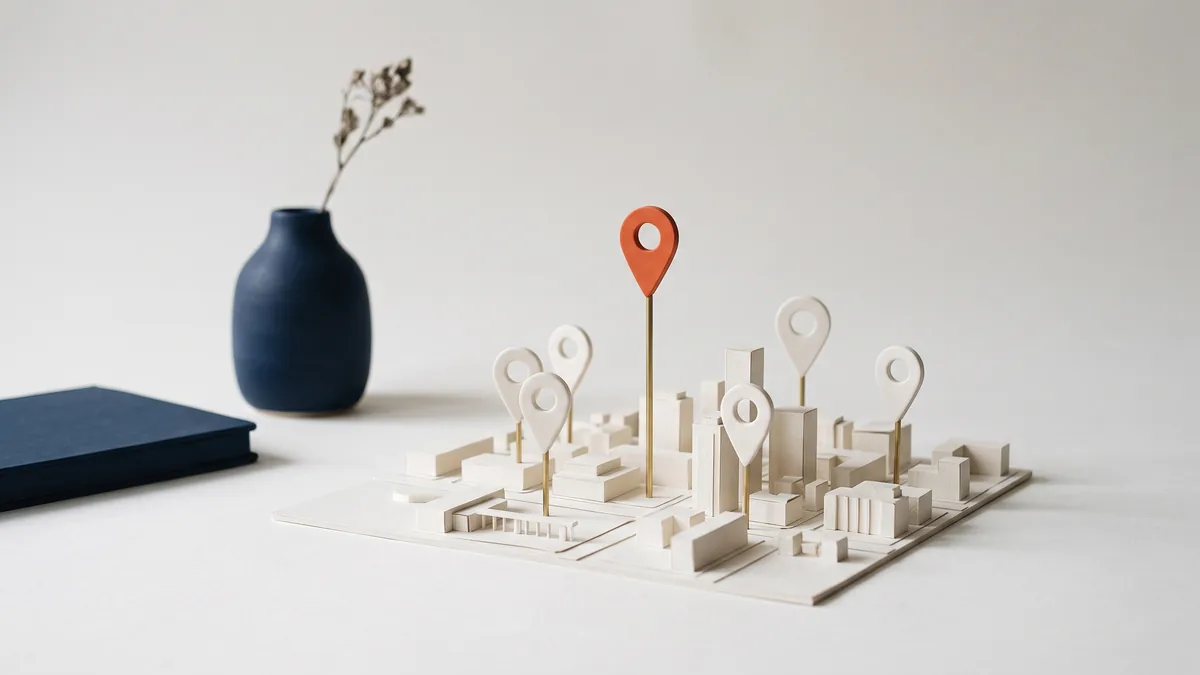 Paper city block model with map pins of different heights, the cover image for 2026 Local SEO Ranking Factors