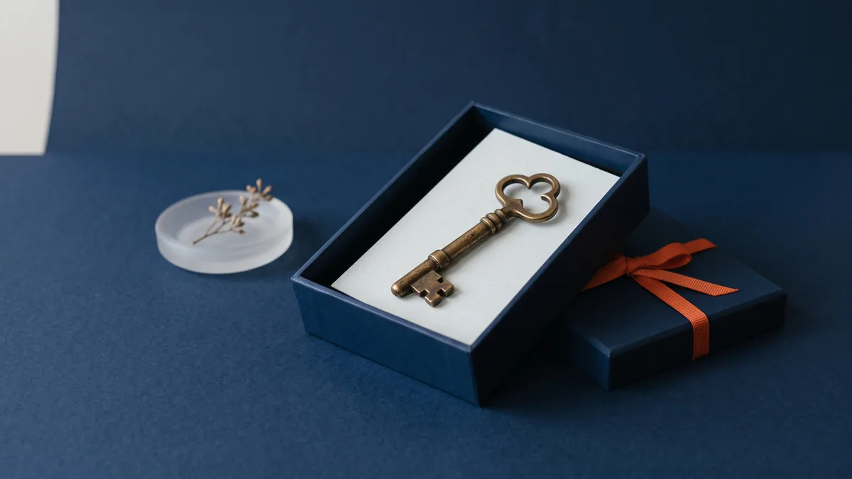 Antique brass key in a keepsake box with an orange ribbon, the cover image for AdWords Keyword Tool, It Was Nice Knowing Ya