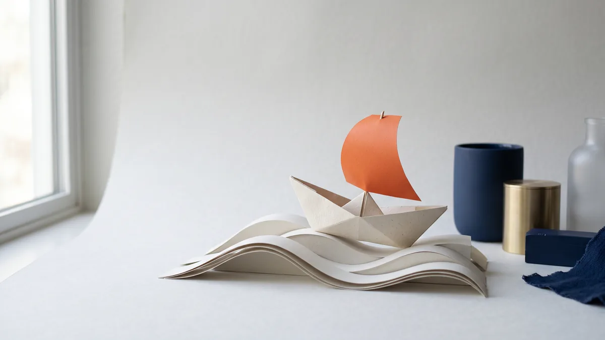 Paper boat with an orange sail riding over three waves, the cover image for AI Content Case Study: Three Google Updates, Zero Setbacks