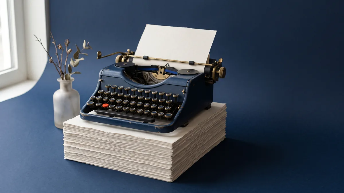 Vintage typewriter on a tall stack of blank manuscript pages, the cover image for AI Content Ranks on Google. I Built a 100% AI Site to Prove It.