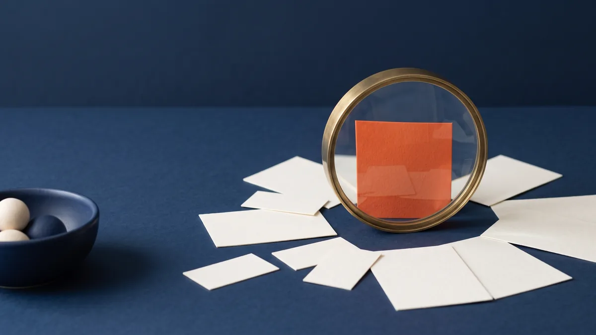 Magnifying lens gathering scattered paper cards into one orange card, the cover image for AI Overviews in Google: The Rapid Shift Reshaping Search
