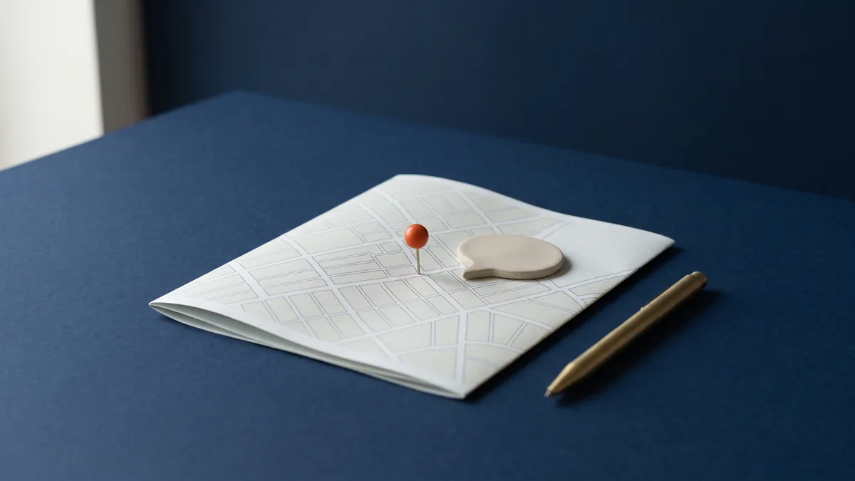 Folded paper street map with an orange pin and a ceramic speech bubble, the cover image for Ask Maps: Google Marries AI with Maps