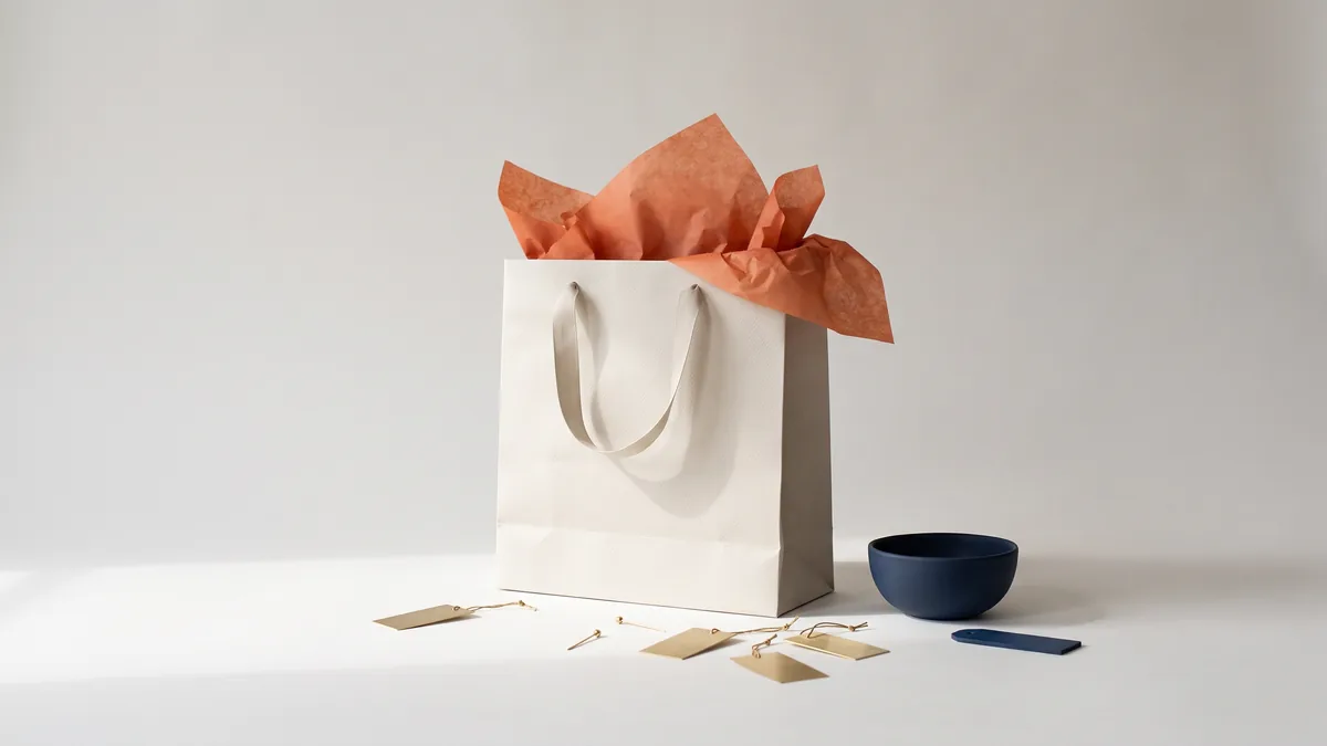 Paper shopping bag with orange tissue and blank price tags, the cover image for Black Friday Shopping [Infographic]