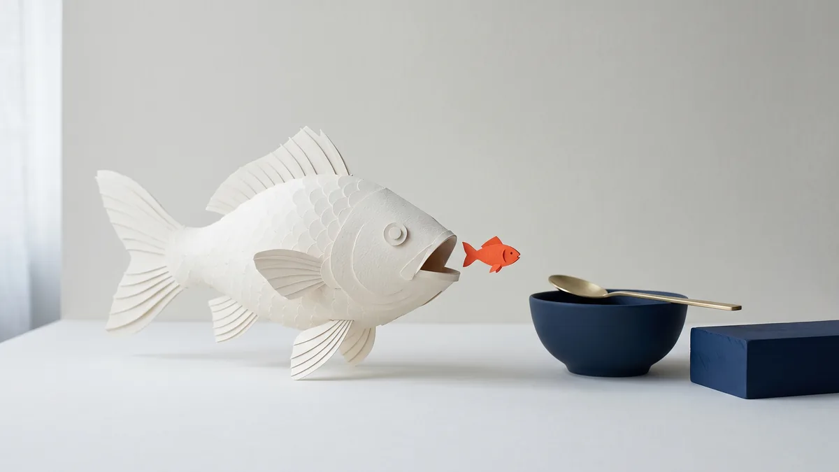Paper sculpture of a big fish about to swallow a small orange fish, the cover image for CBS to Acquire CNET for $1.8 Billion