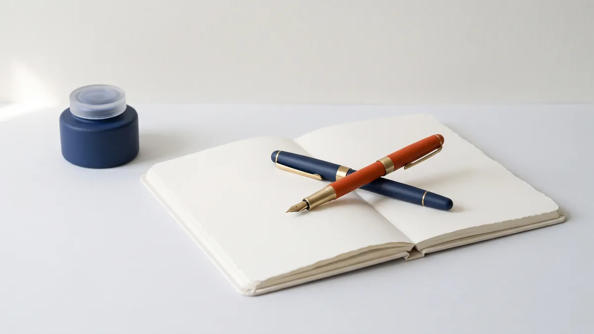 Two fountain pens crossing over a blank notebook, the cover image for ChatGPT vs. Gemini: How to Write Good SEO Content