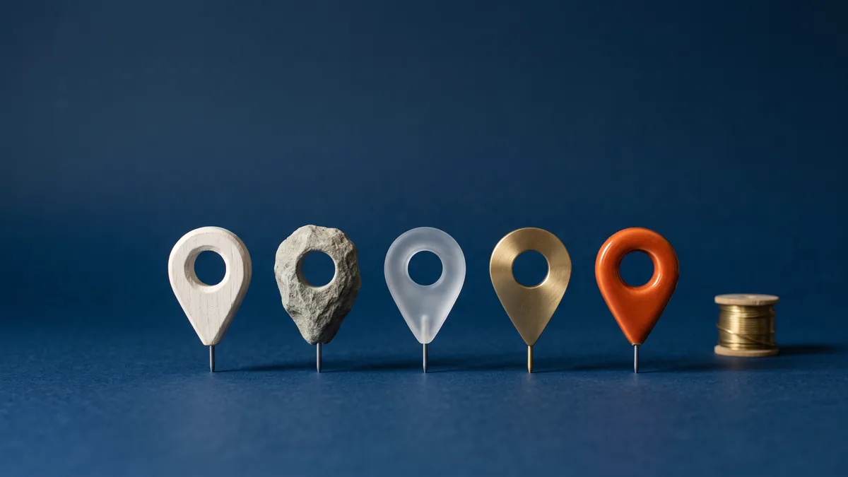 Row of map pins evolving from wood to orange ceramic, the cover image for David Mihm: The Evolution of Local SEO Algorithms