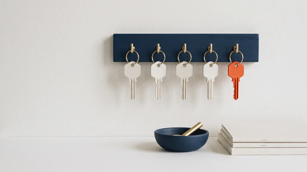 Row of blank keys on a key rack, one in orange, the cover image for Domain Extensions and TLD’s: SEO Preference?