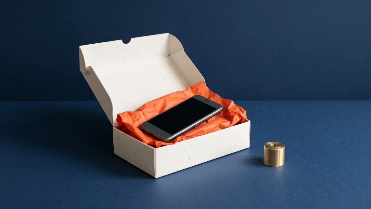 Open cardboard box holding a small smartphone, the cover image for DropBox Creates Android App