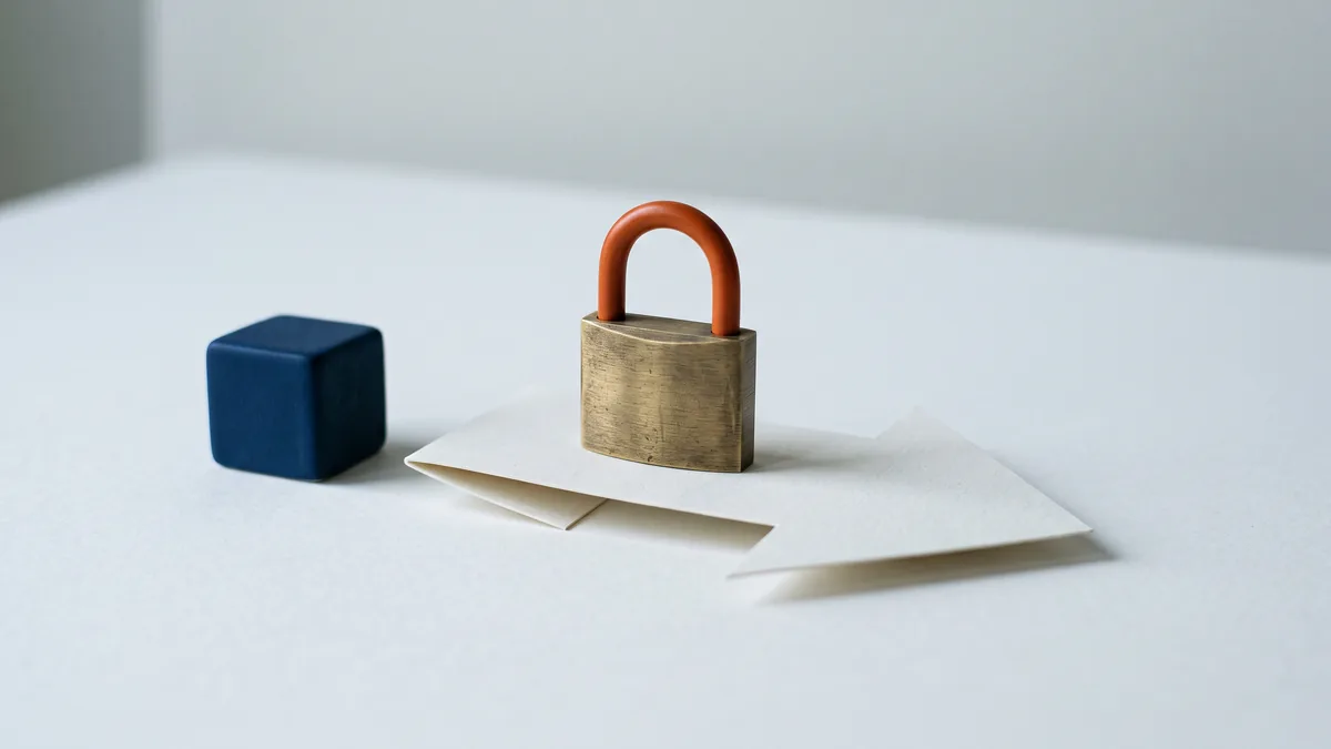 Closed brass padlock resting on a folded paper arrow, the cover image for How to Force 301 WordPress Redirects when Switching from HTTP to HTTPS