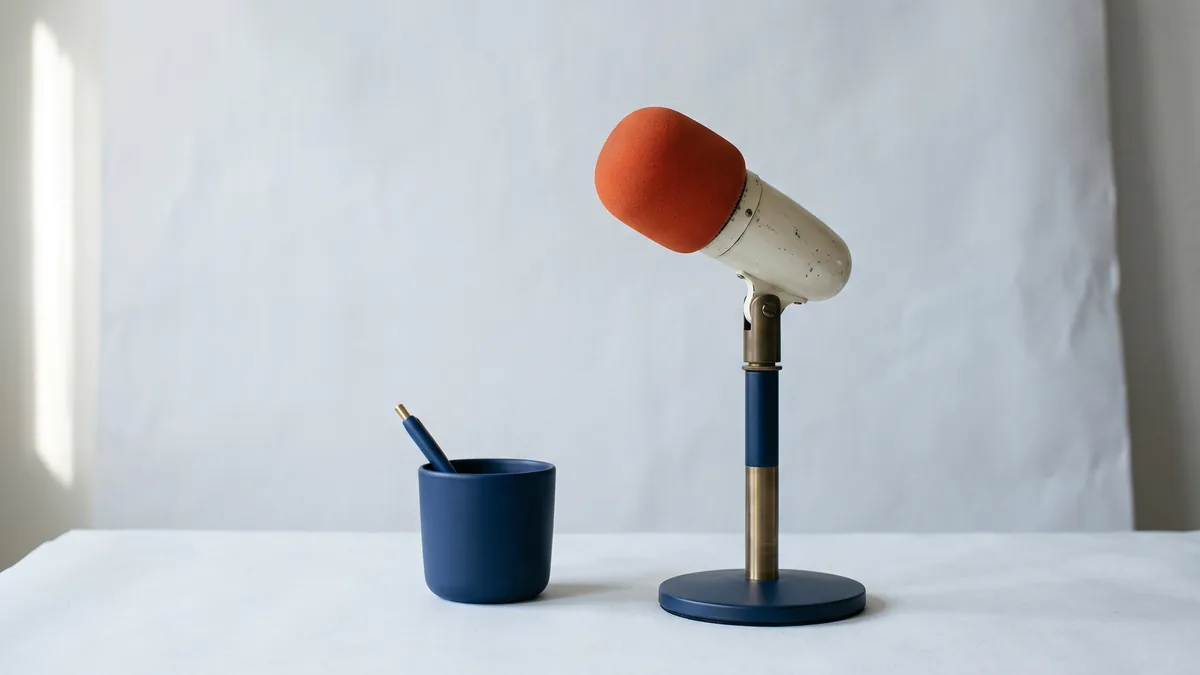 Vintage studio microphone with an orange windscreen, the cover image for Funny SEO Rap by Funny Web Rapper