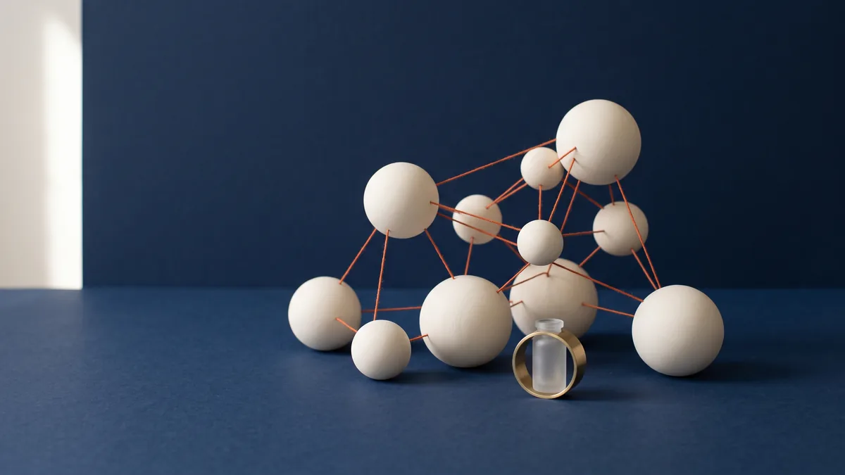 Cluster of spheres connected by orange threads, the cover image for Google Gets Social?