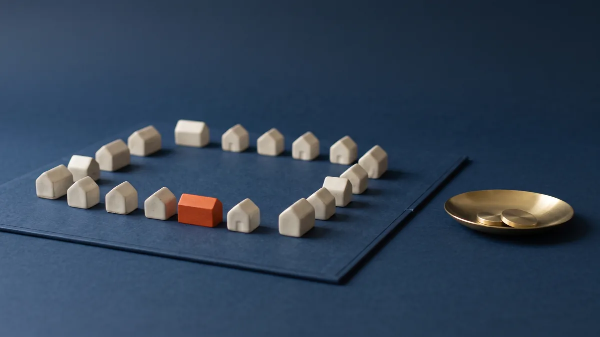 Board game pieces with small houses and one orange hotel, the cover image for Google is Getting Good at Monopoly