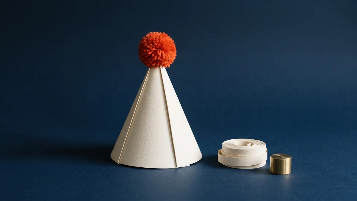 Paper party hat with an orange pom-pom, the cover image for Happy 10th Birthday, Google!