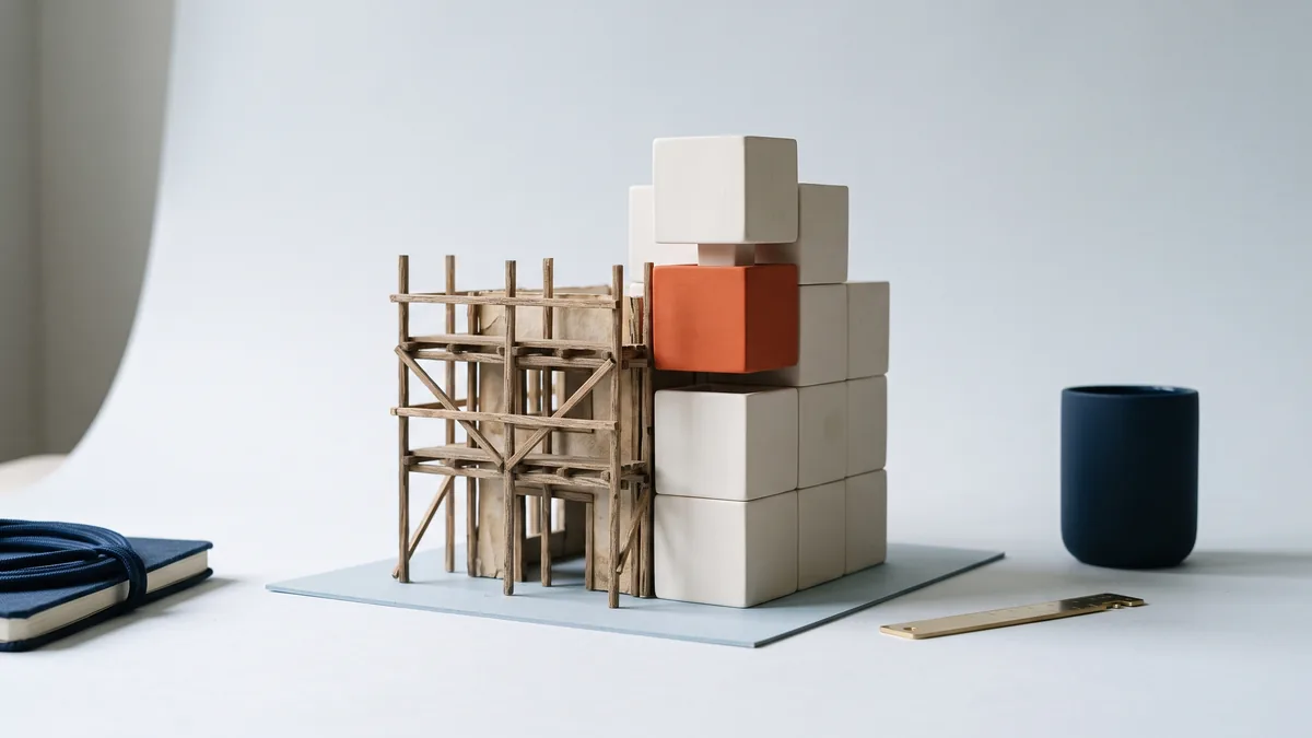 Architectural model of old scaffolding beside a clean modular building, the cover image for How I Rebuilt My Website as an AI-Native Platform (and Left WordPress Behind)