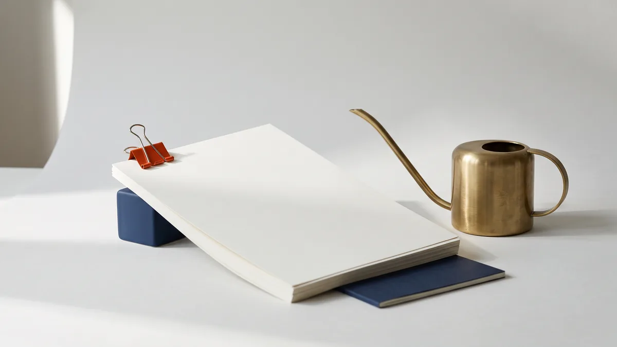 Stack of pages with a fresh page on top and a small brass watering can, the cover image for How to keep your existing webpages fresh with FAQ content (and why it matters for SEO and AI visibility)