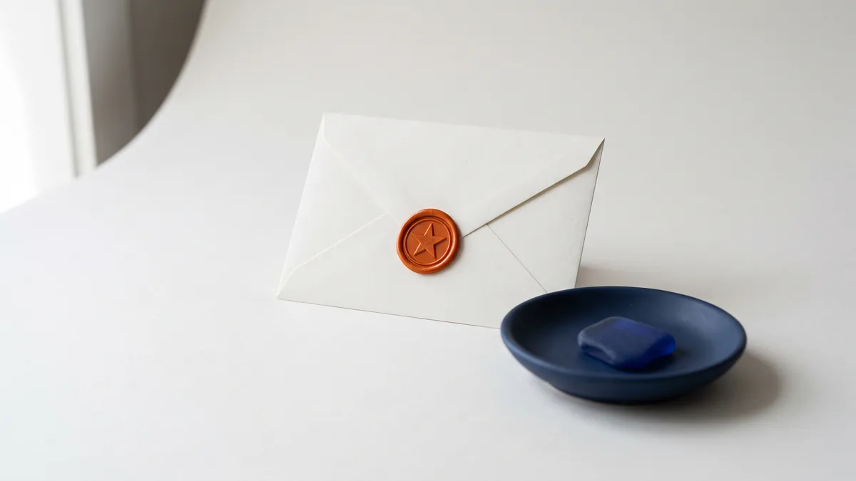 Envelope sealed with an orange star-shaped wax seal, the cover image for How to Link Directly to Write a Google Review for Your Customers