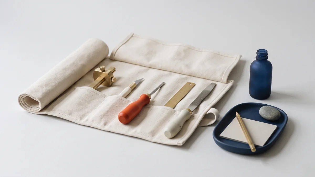 Canvas tool roll with neatly arranged tools, the cover image for Kyle’s “All-U-Need” SEO Tool List