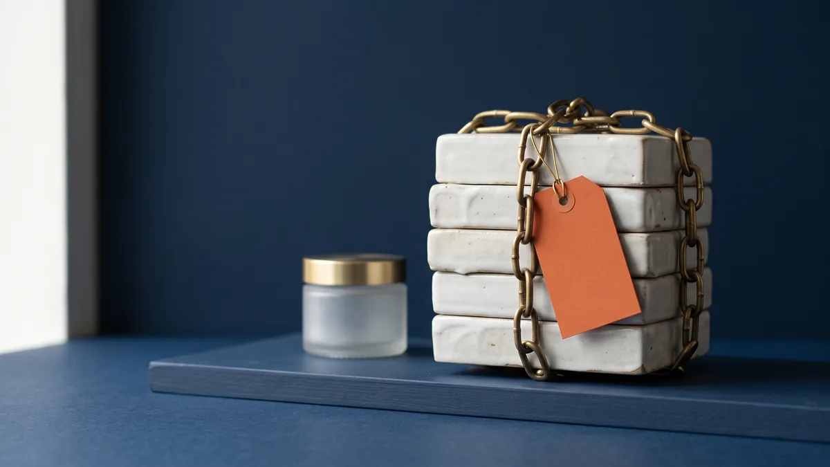 Ceramic blocks chained together with an orange warning tag, the cover image for Linking to Sites on the same Server: A Big No No