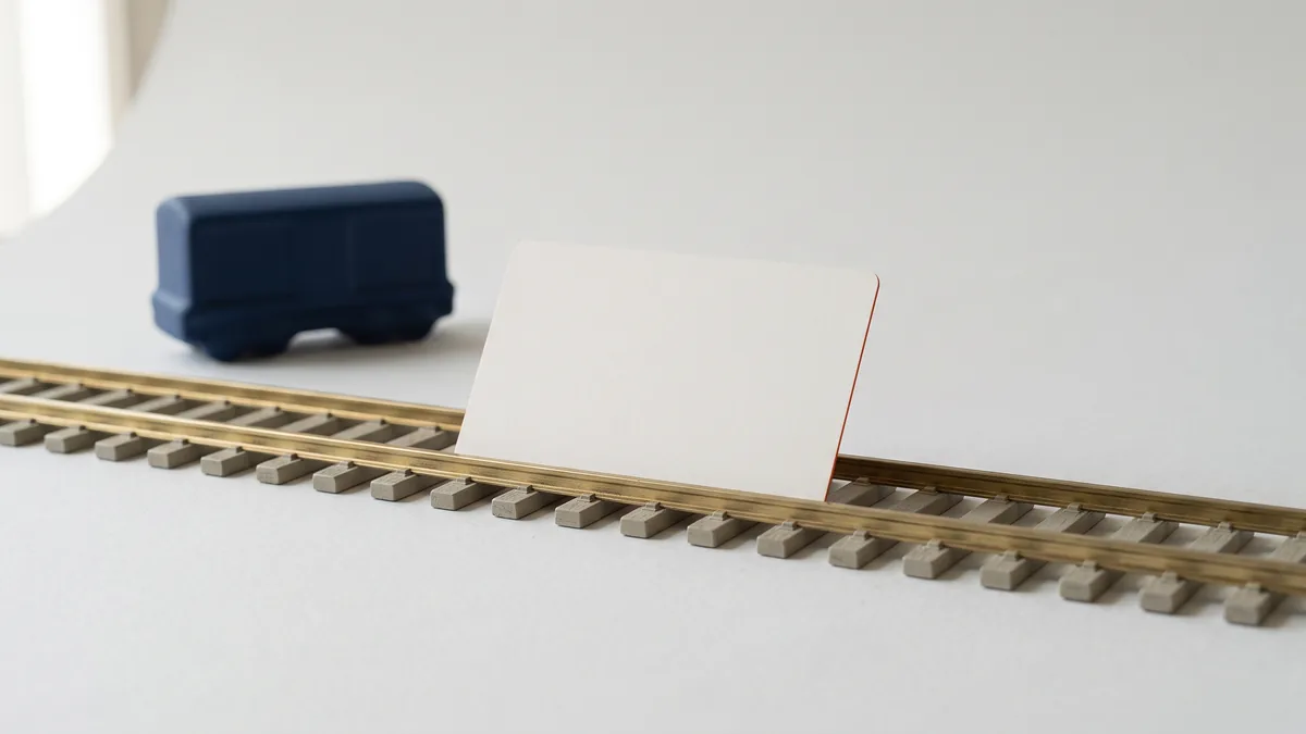 Blank payment card resting across a model train track, the cover image for Metra Rail Accepts Credit Cards Online… Finally