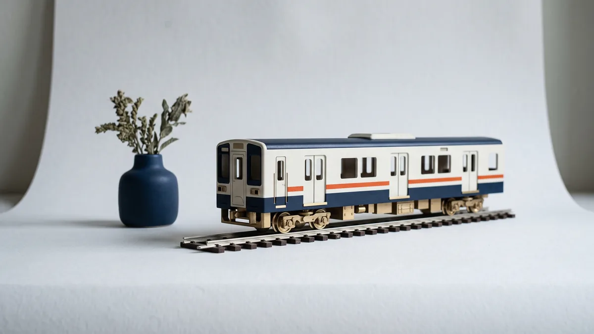Model commuter train car with an orange stripe, the cover image for MetraRail.com Finally Goes Mobile