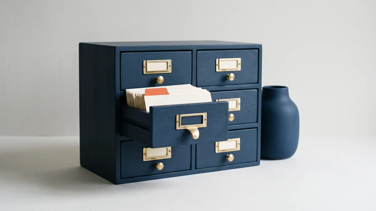 Cabinet of small drawers with one drawer pulled open, the cover image for Microformatting, An SEO Innovation