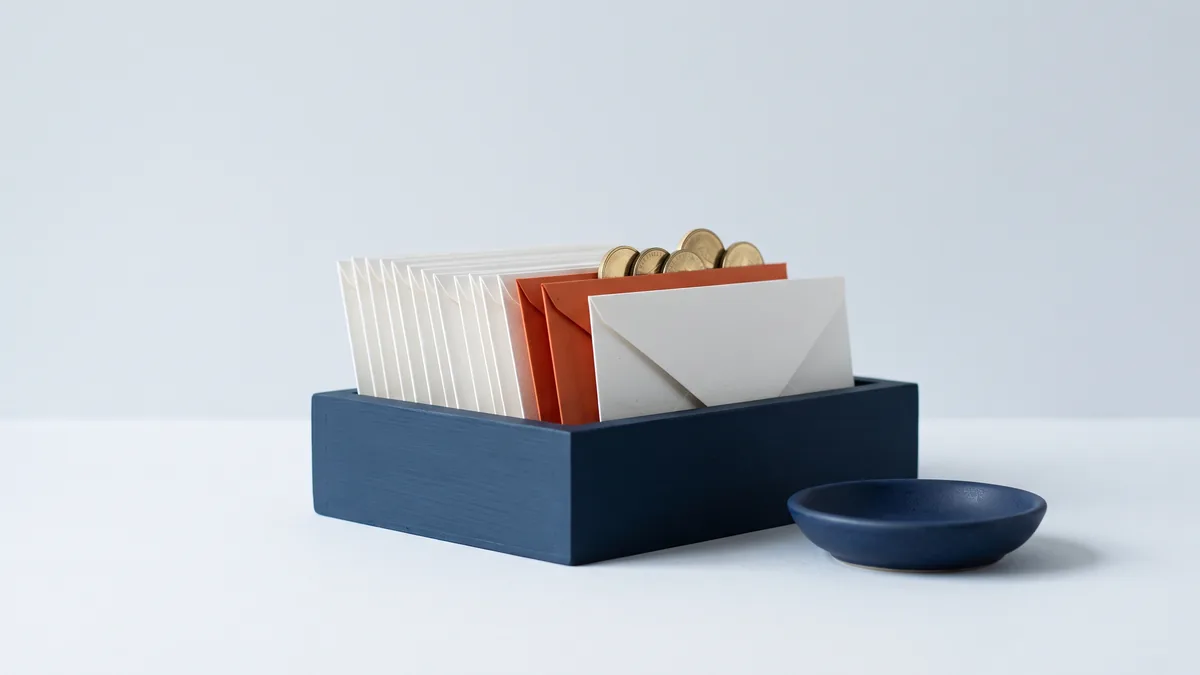 Row of budgeting envelopes, one orange with coins, the cover image for Mint.com opens: Free online money manager