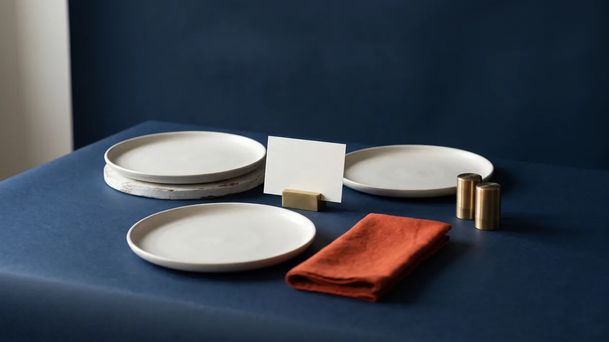 Restaurant table set for two with an orange napkin, the cover image for OpenTable.com, Online Dining Reservations