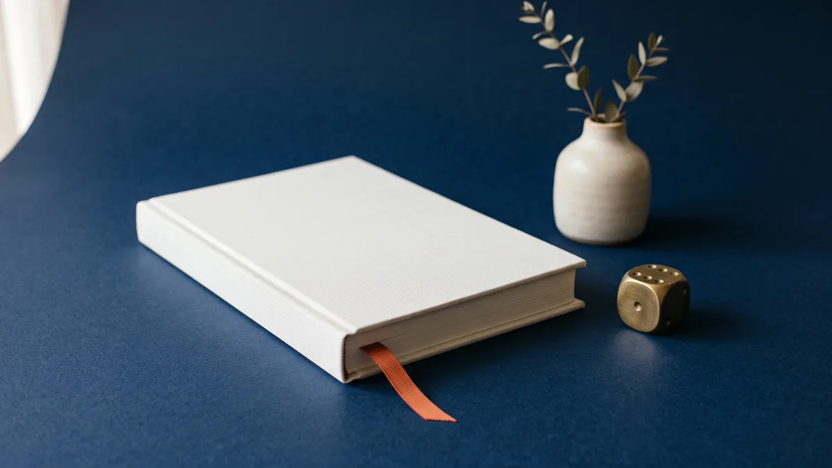 Closed book with an orange ribbon bookmark beside a brass die, the cover image for Predictably Irrational