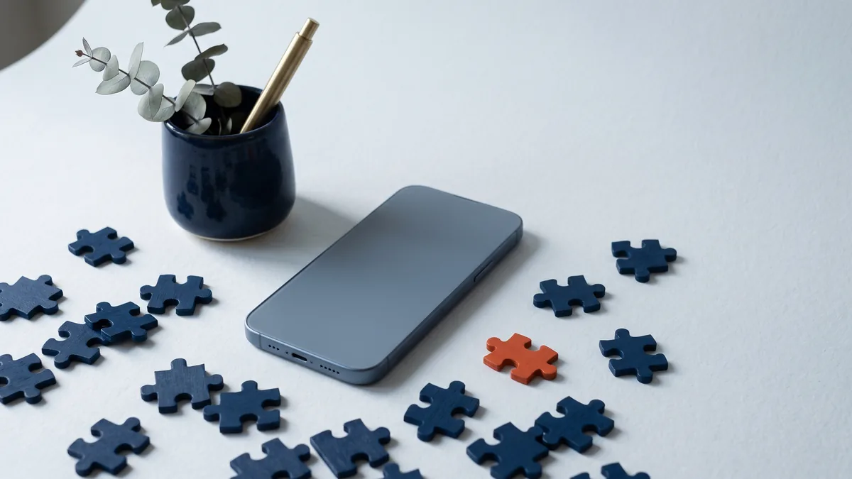 Smartphone surrounded by small puzzle pieces, the cover image for Regarding Android Software