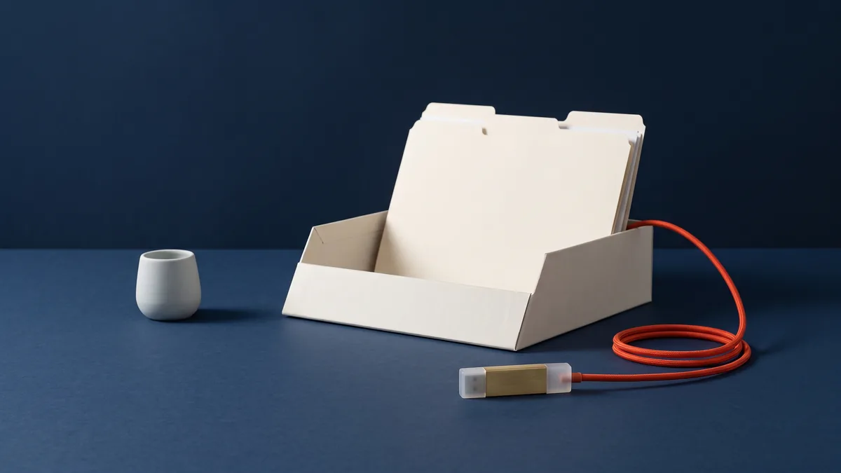 USB flash drive connected by an orange cable to a file tray, the cover image for Run FTP Clients from Your Flash Drive