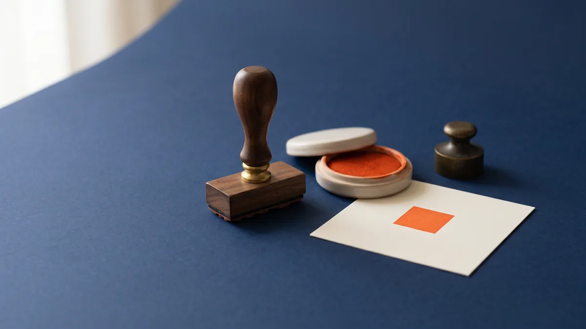 Rubber stamp and orange ink pad beside a card stamped with an orange square, the cover image for WebsiteGrader.com: Nice tool