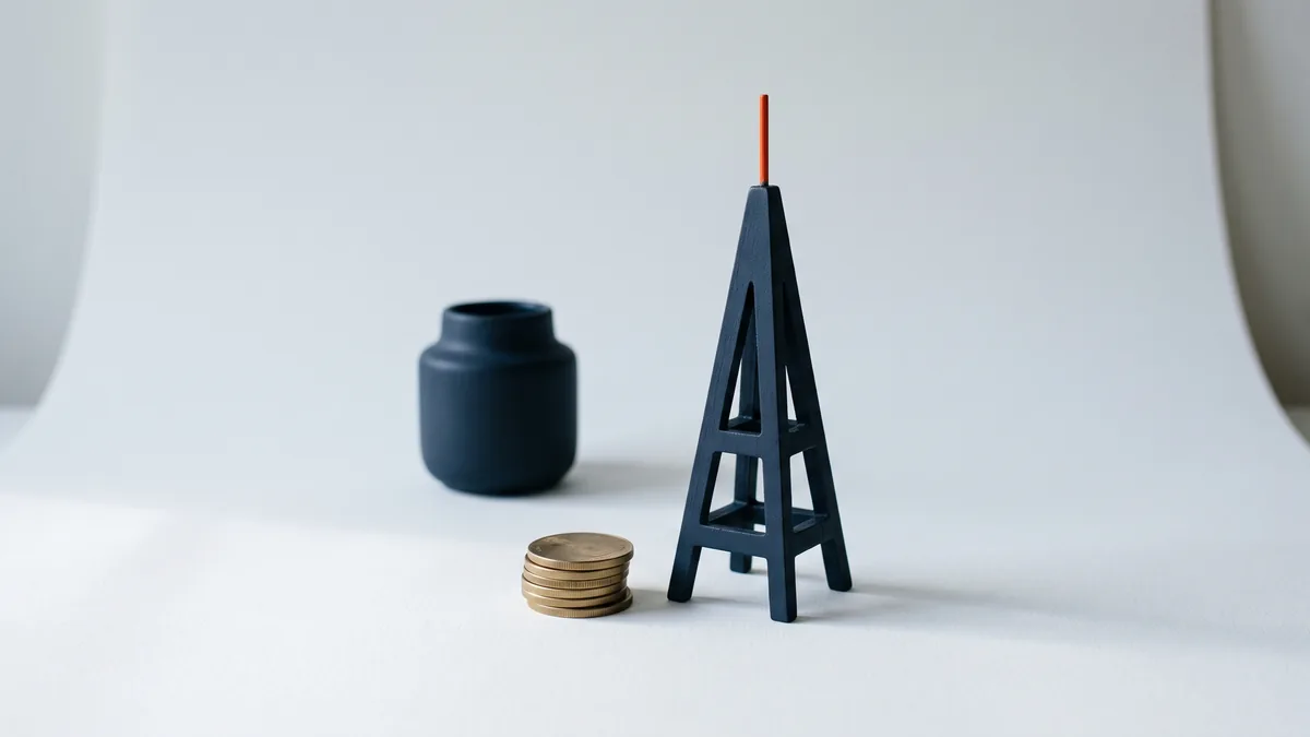 Radio antenna tower model beside a stack of coins, the cover image for Wireless Spectrum Auction Ends: FCC Sells for $19.6 BILLION