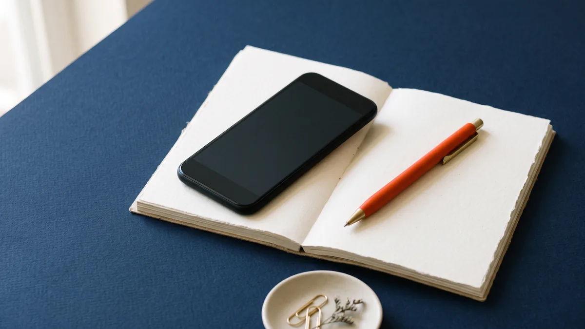 Smartphone lying on an open notebook beside an orange pen, the cover image for WordPress via Android