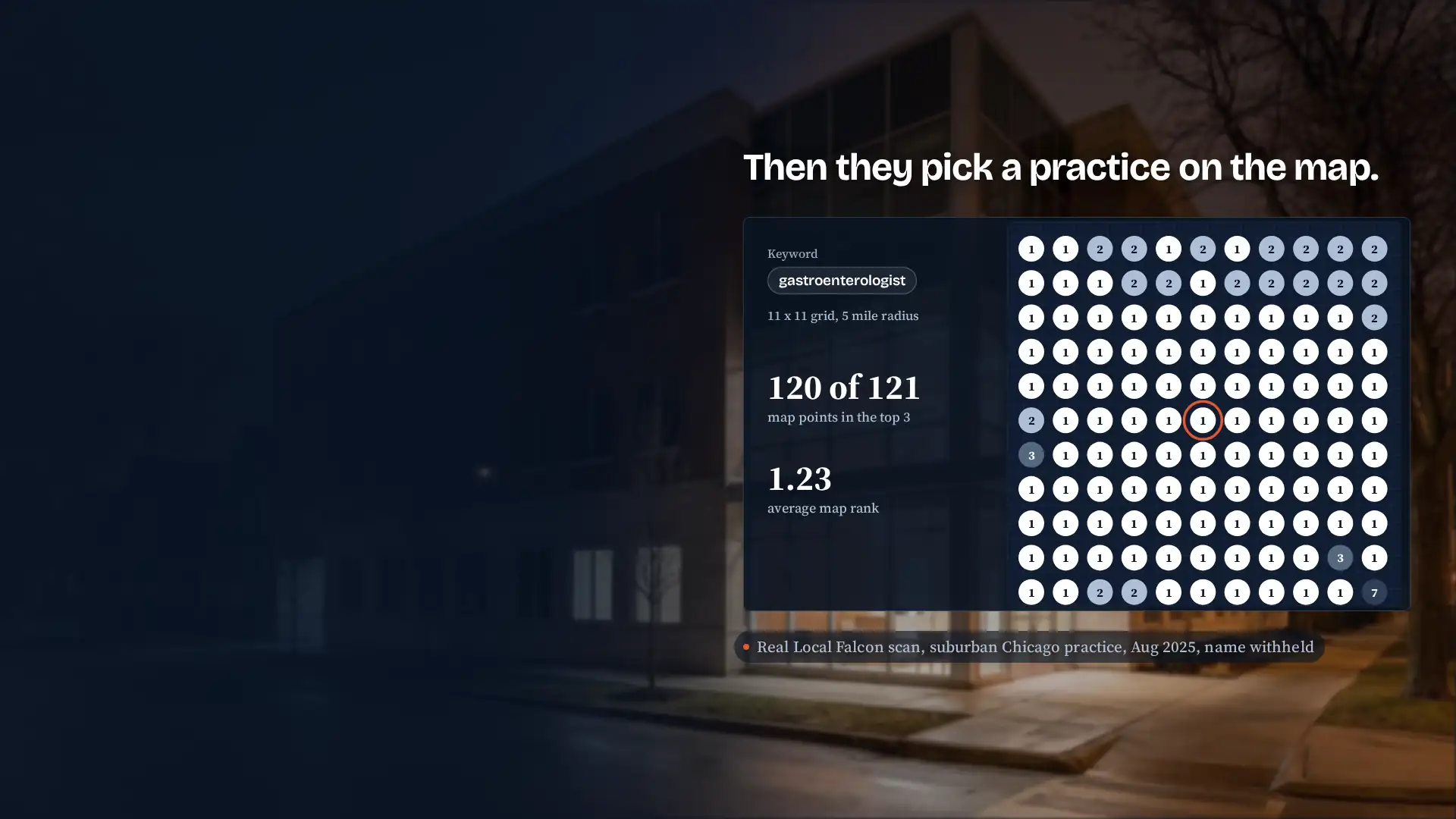 Local Falcon map grid for a suburban Chicago medical practice: 120 of 121 points in the Google Maps top 3 for gastroenterologist, average map rank 1.23