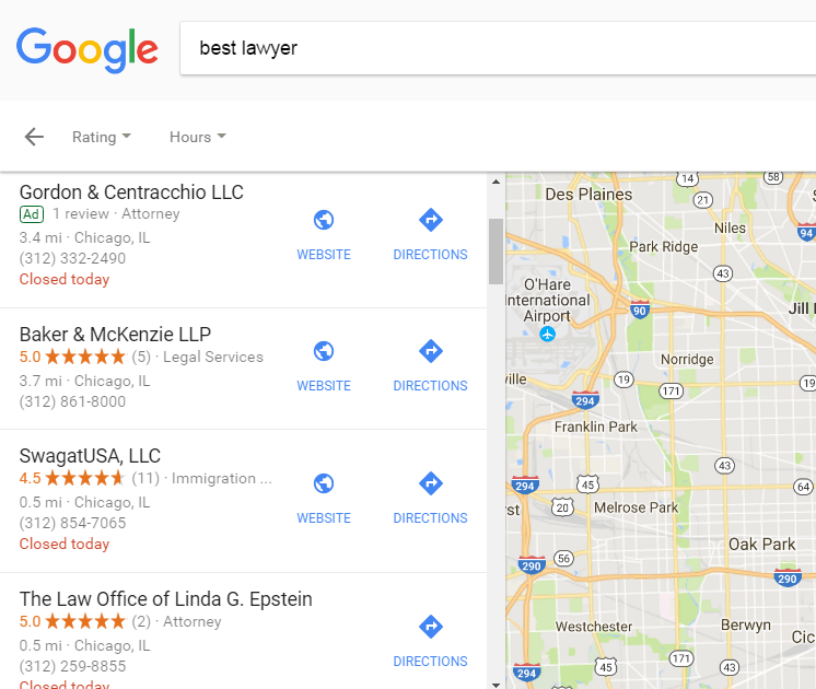 "best lawyer" Google local business results with low-quality reviews
