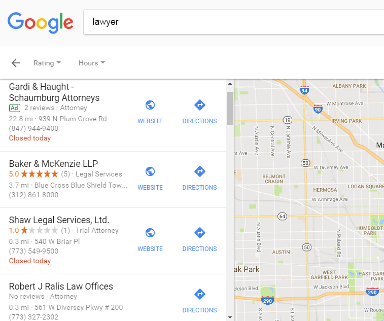 "lawyer" local business results with low-quality reviews