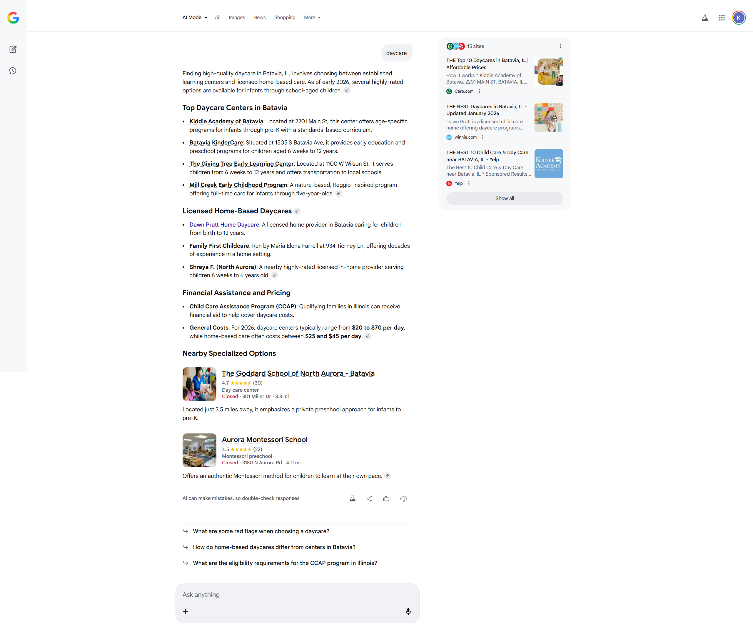 Google.com AI Mode Search Results for the keyword "daycare", January 2026