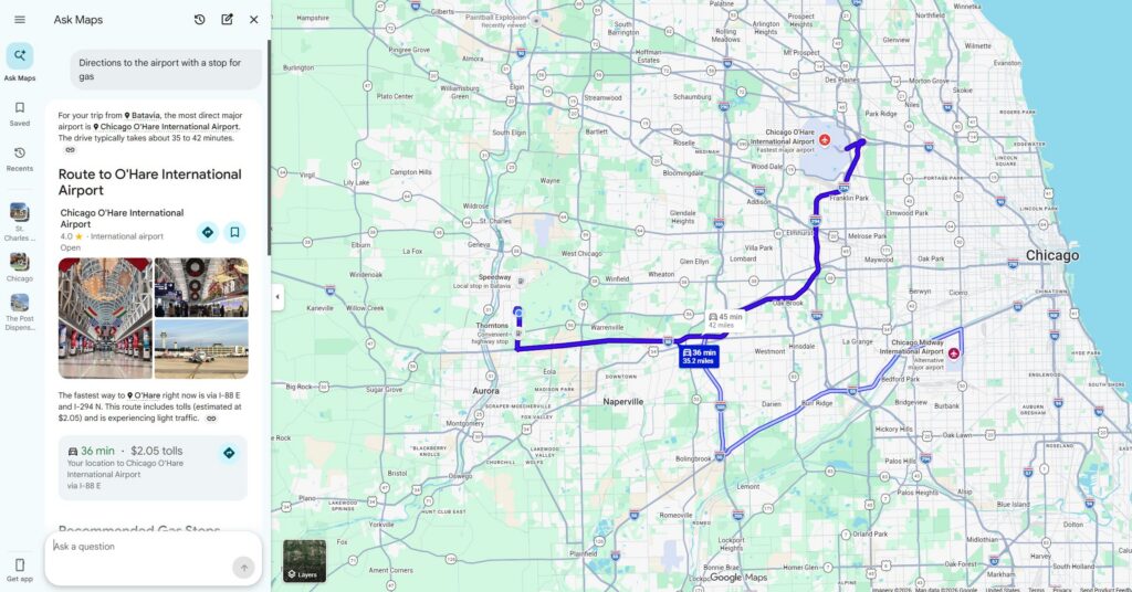 Google's new Ask Maps search experience in a desktop browser
